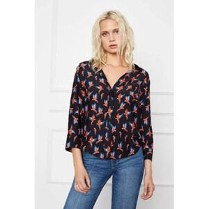 Anine Bing Black Billie Silk Parrot Print Long Sleeve Button Down XS